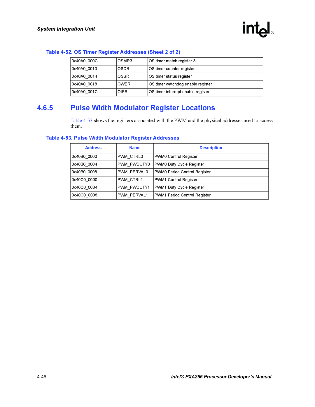 Intel PXA255 manual Pulse Width Modulator Register Locations, OS Timer Register Addresses Sheet 2 