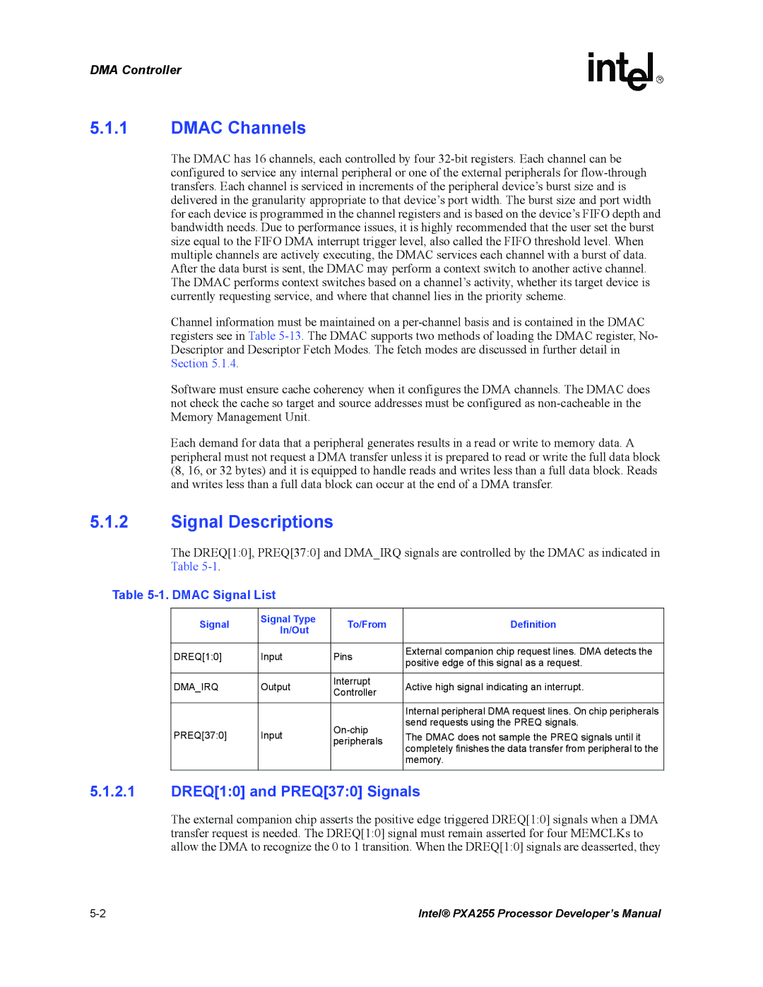 Intel PXA255 manual Dmac Channels, Signal Descriptions, DREQ10 and PREQ370 Signals, Dmac Signal List 