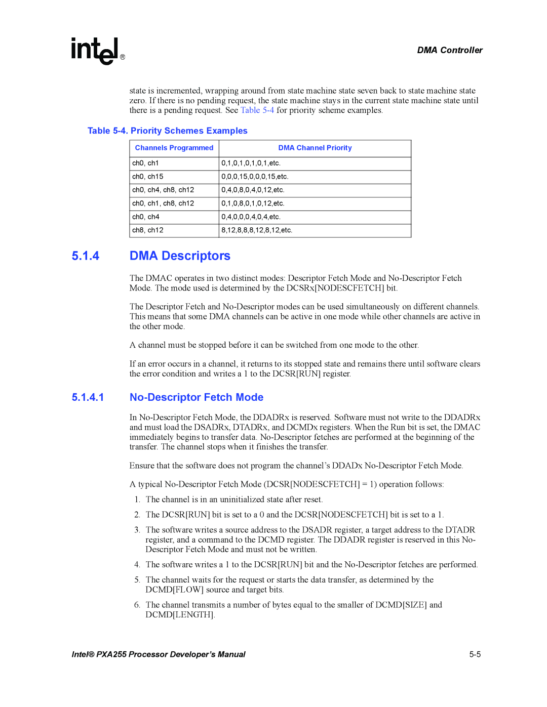 Intel PXA255 manual DMA Descriptors, No-Descriptor Fetch Mode, Priority Schemes Examples, DMA Channel Priority 