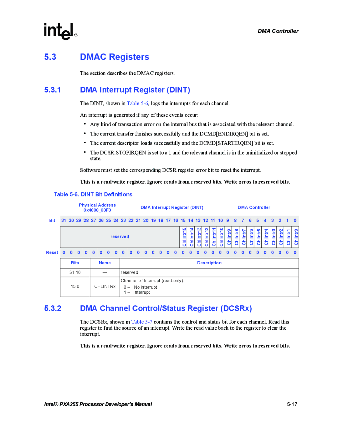 Intel PXA255 Dmac Registers, DMA Interrupt Register Dint, DMA Channel Control/Status Register DCSRx, Dint Bit Definitions 