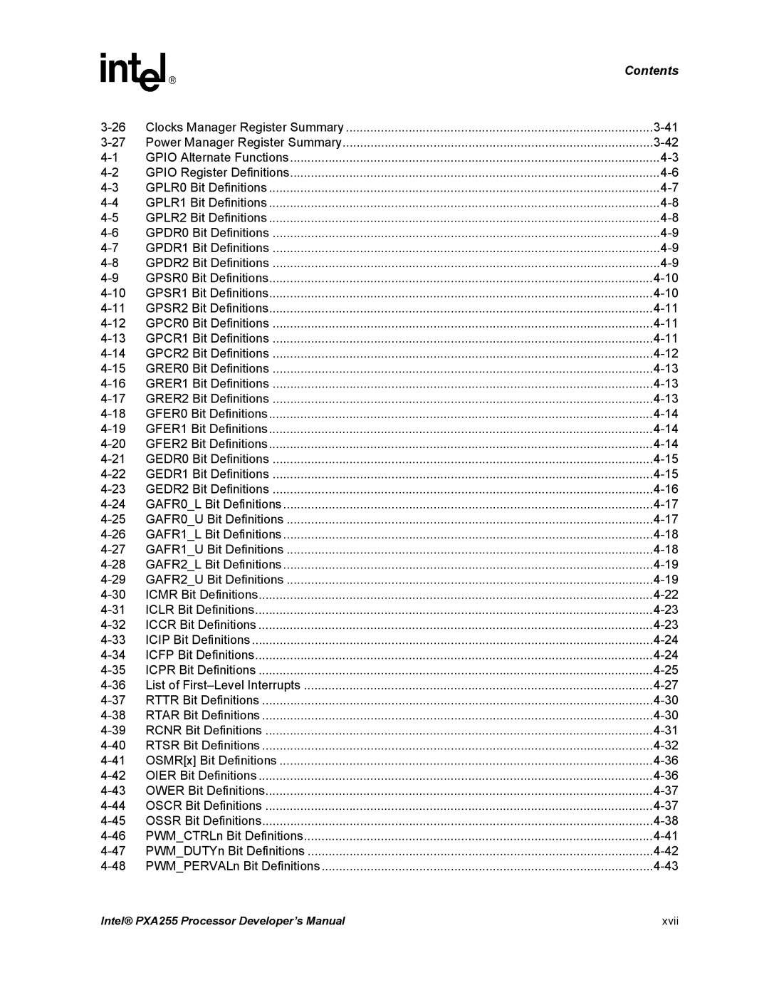 Intel PXA255 manual Clocks Manager Register Summary 