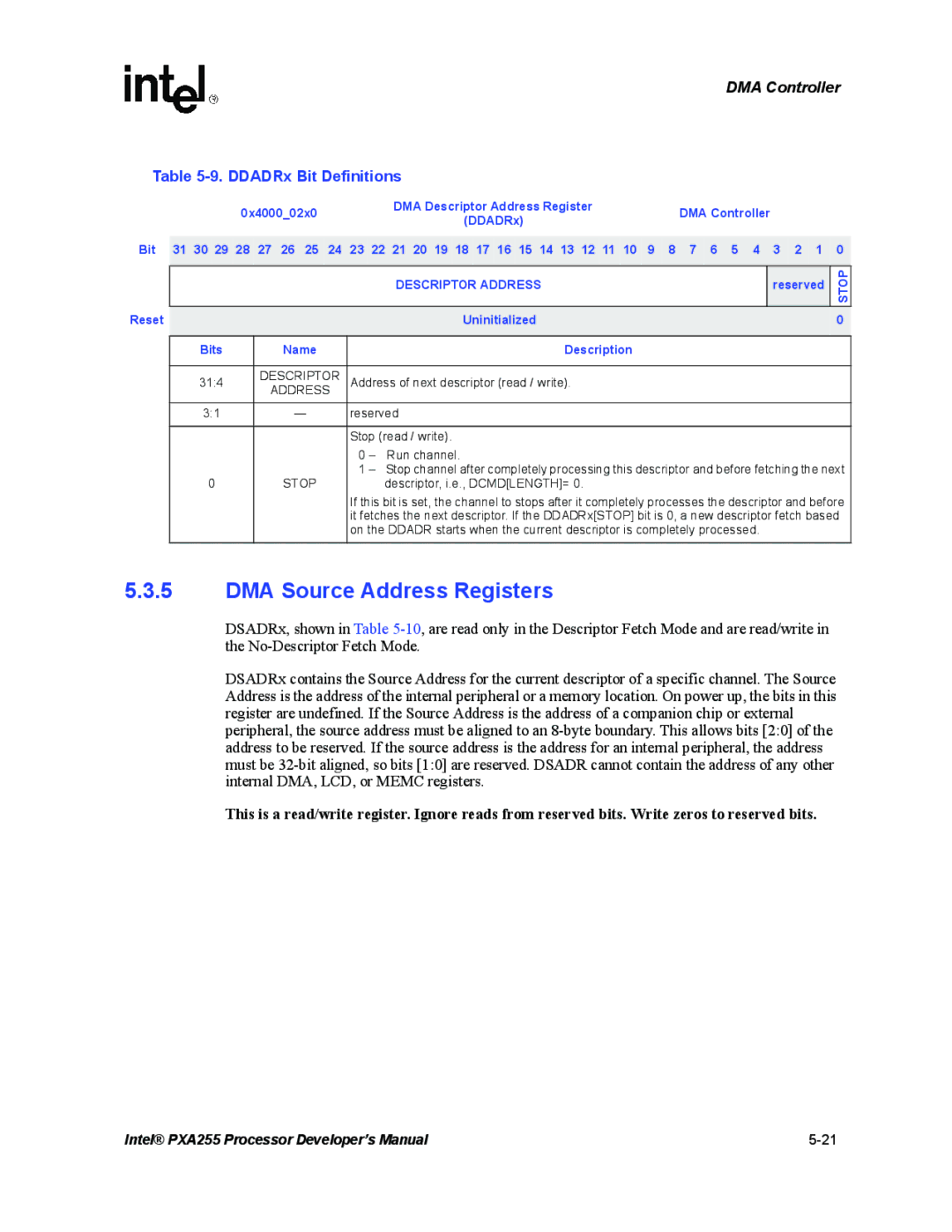 Intel PXA255 manual DMA Source Address Registers, DDADRx Bit Definitions, Descriptor Address, Stop 