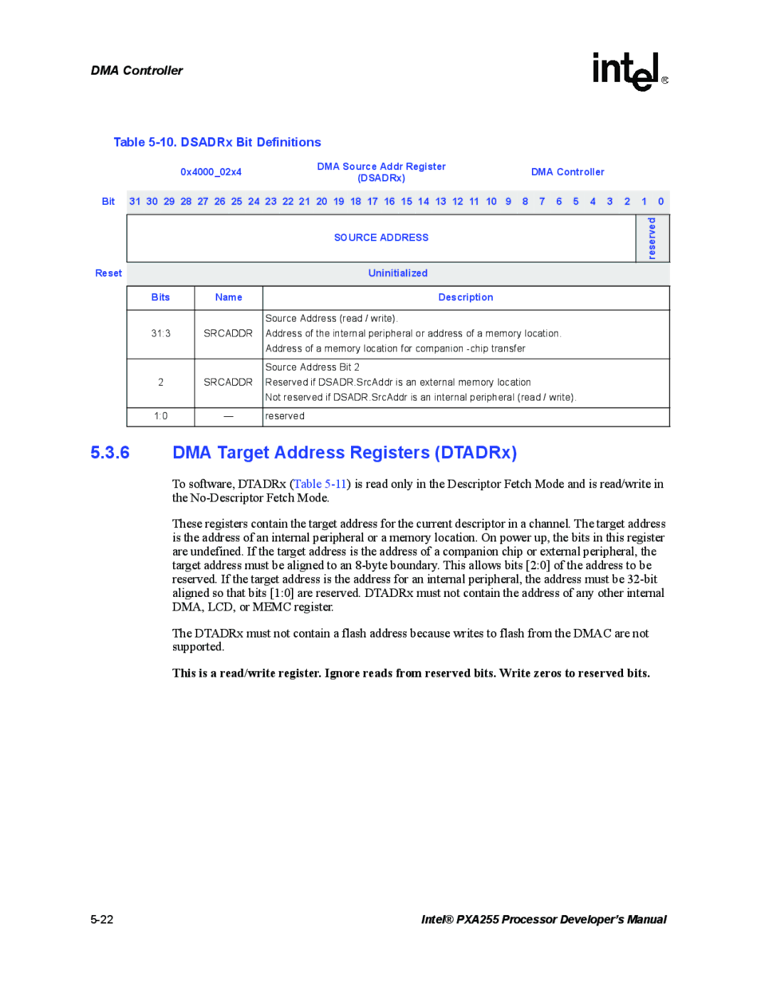 Intel PXA255 manual DMA Target Address Registers DTADRx, DSADRx Bit Definitions, Source Address, Srcaddr 