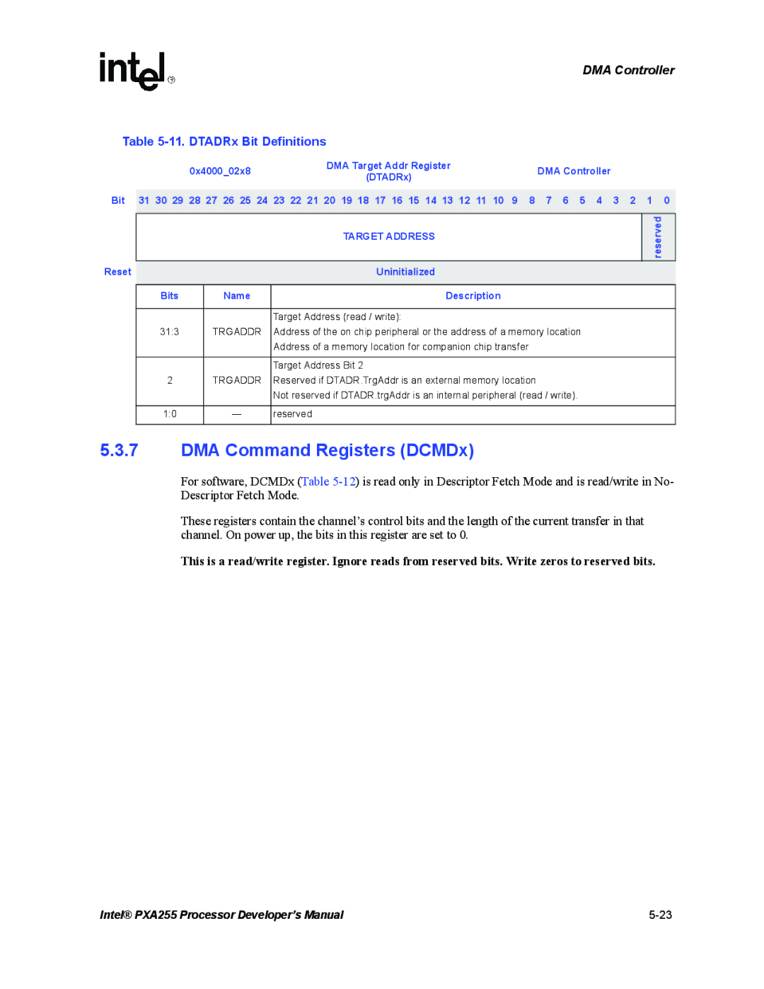 Intel PXA255 manual DMA Command Registers DCMDx, DTADRx Bit Definitions, Target Address, Trgaddr 