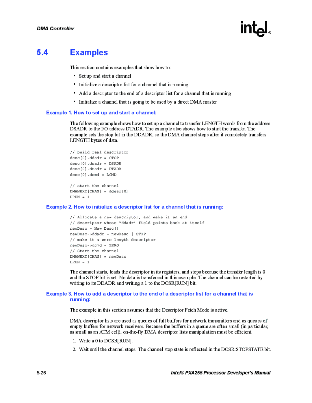 Intel PXA255 manual Examples, Example 1. How to set up and start a channel 