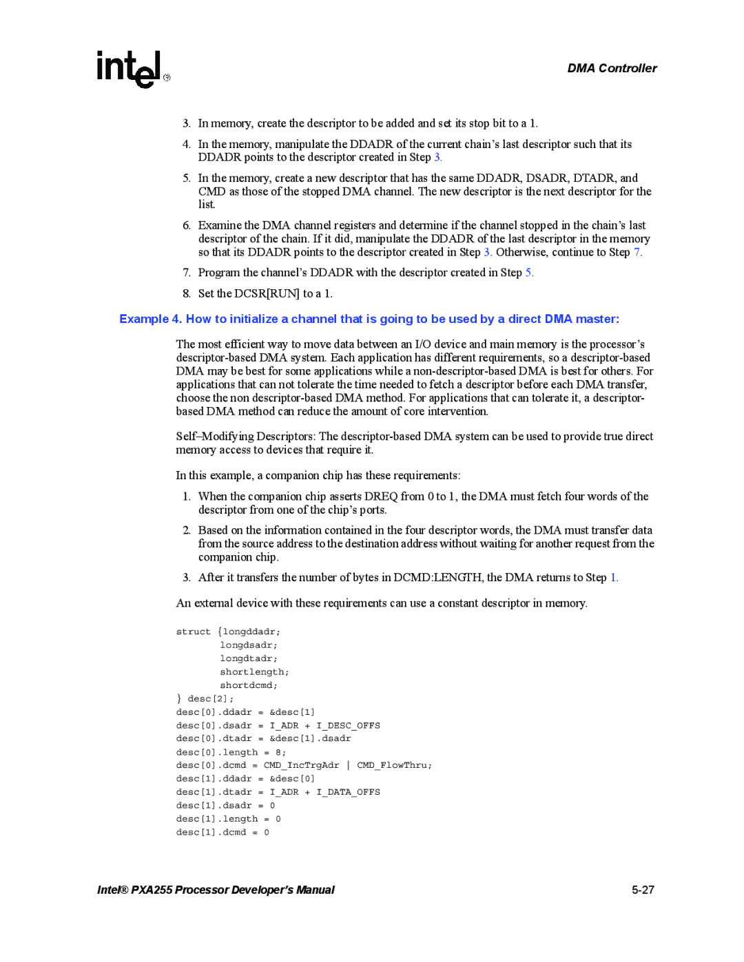 Intel PXA255 manual Struct longddadr longdsadr longdtadr shortlength shortdcmd 