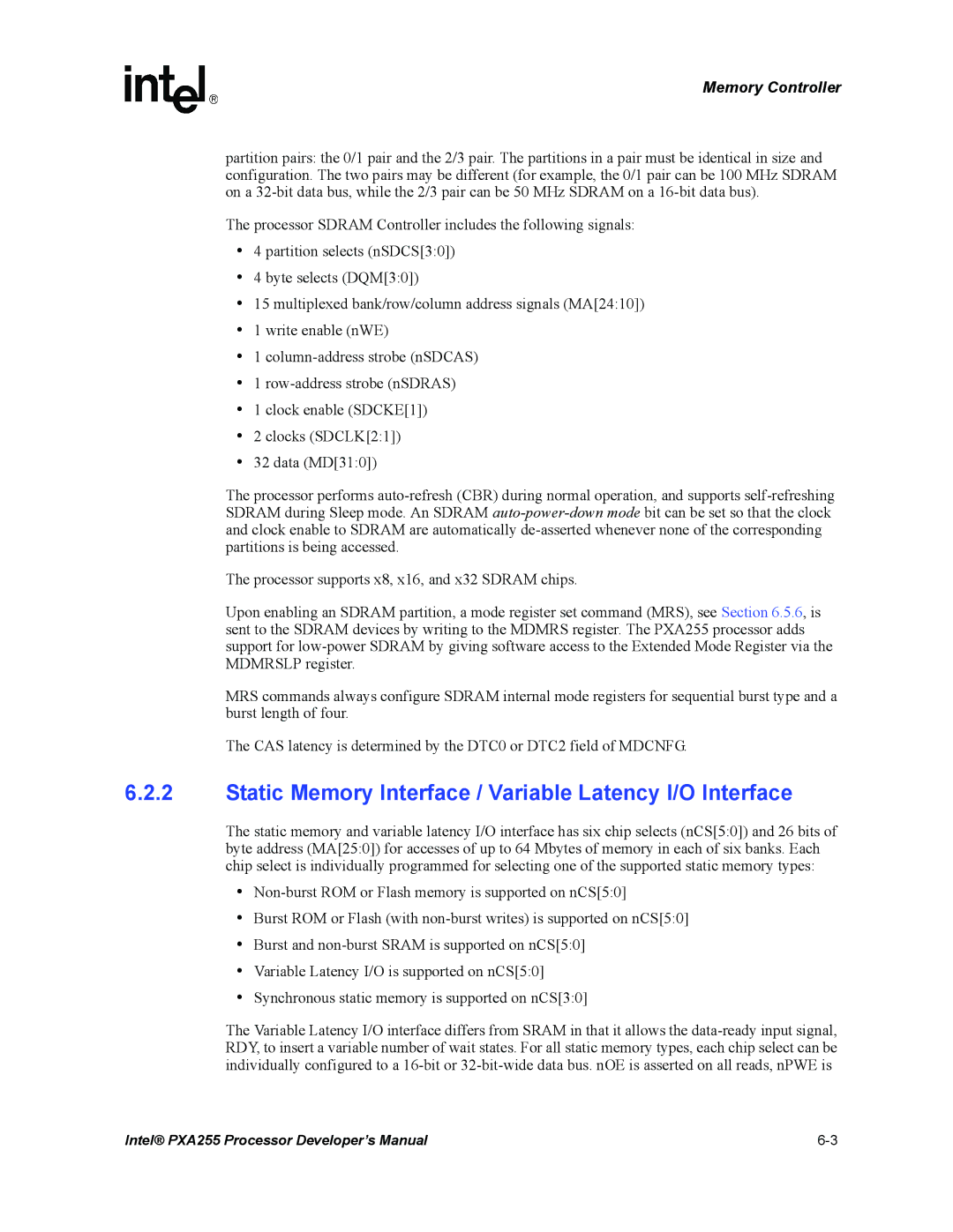 Intel PXA255 manual Static Memory Interface / Variable Latency I/O Interface 