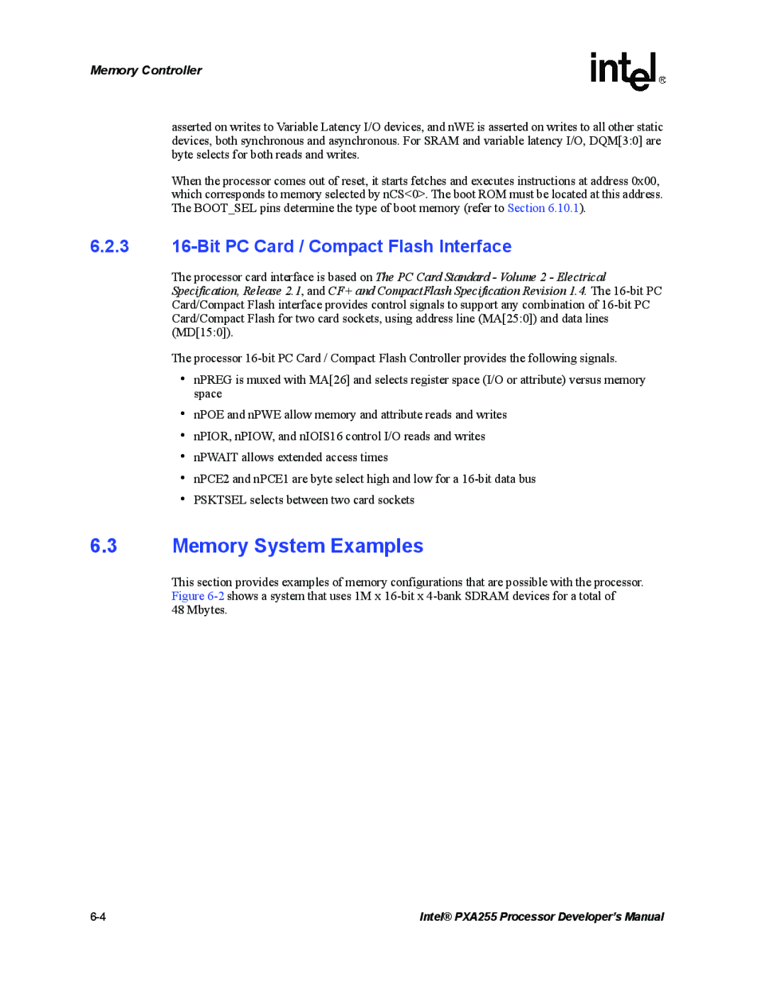 Intel PXA255 manual Memory System Examples, 3 16-Bit PC Card / Compact Flash Interface 