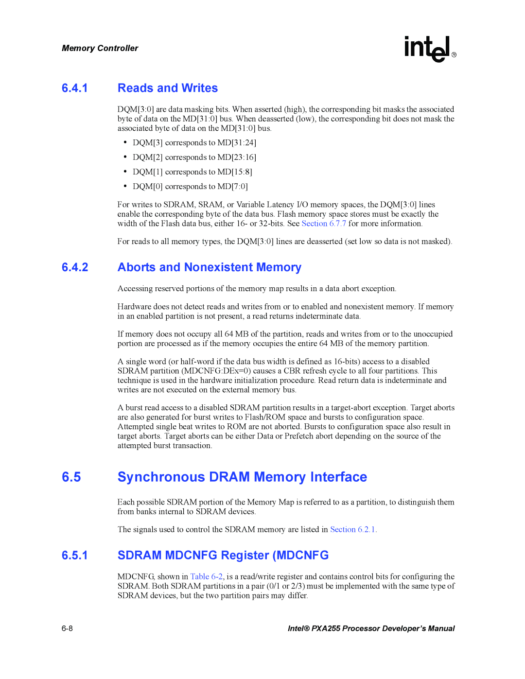 Intel PXA255 manual Synchronous Dram Memory Interface, Reads and Writes, Aborts and Nonexistent Memory 