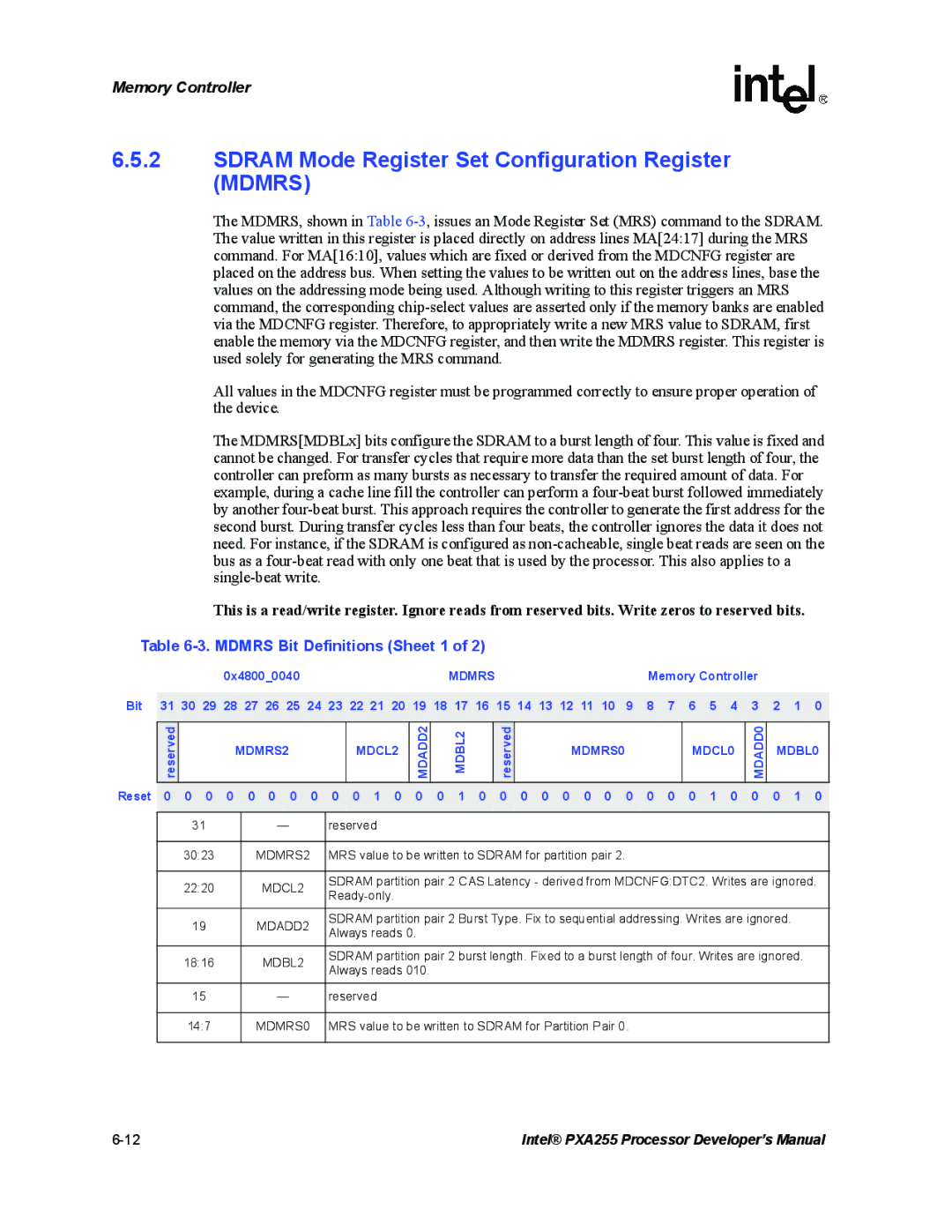 Intel PXA255 manual Sdram Mode Register Set Configuration Register Mdmrs, Mdmrs Bit Definitions Sheet 1 