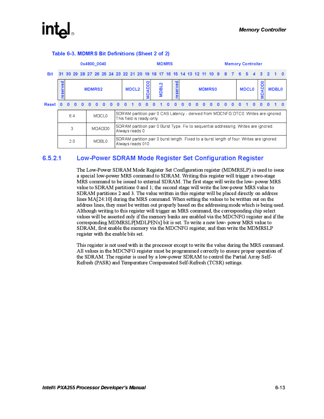 Intel PXA255 manual Low-Power Sdram Mode Register Set Configuration Register, Mdmrs Bit Definitions Sheet 2 