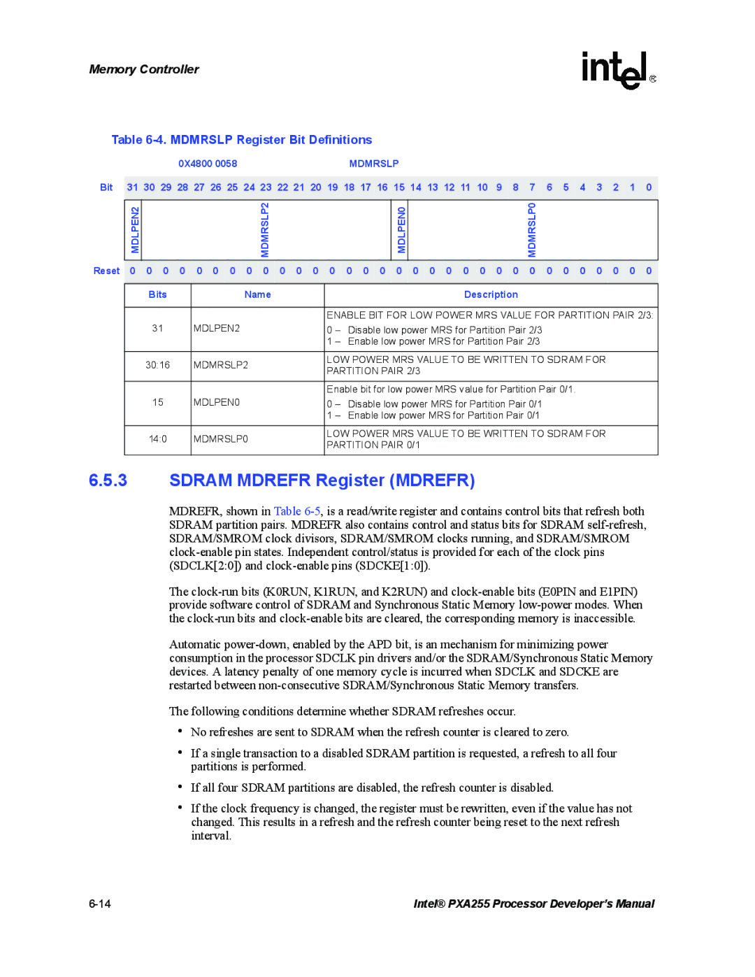 Intel PXA255 Sdram Mdrefr Register Mdrefr, Mdmrslp Register Bit Definitions, 0X4800, MDLPEN2 MDMRSLP2 MDLPEN0 MDMRSLP0 