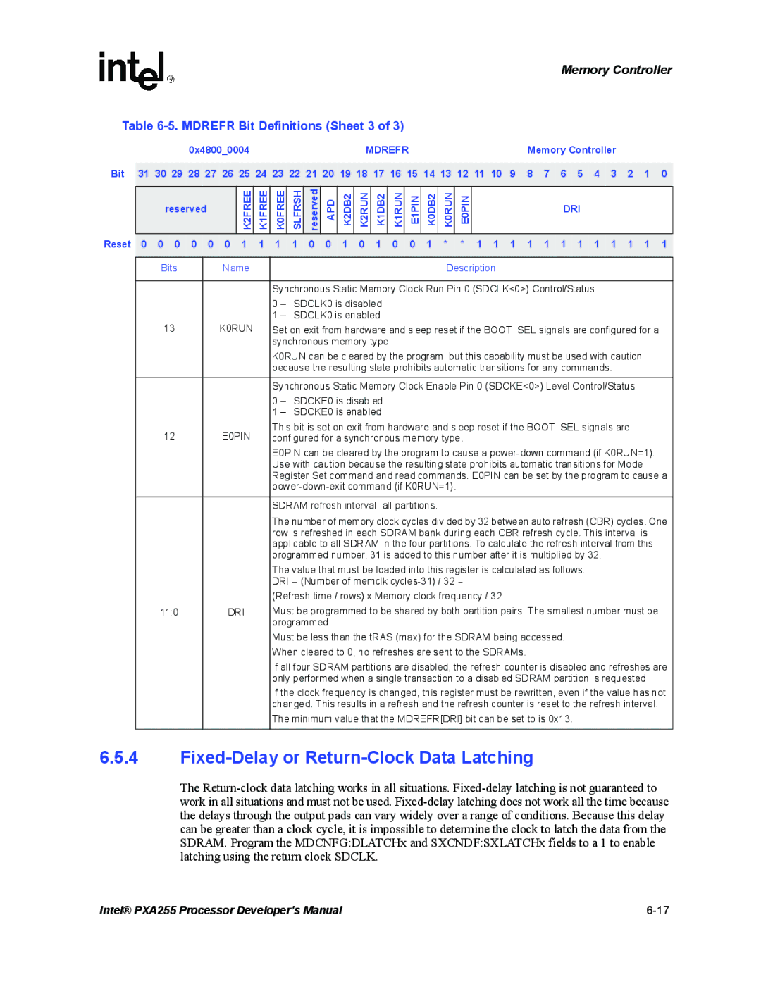 Intel PXA255 manual Fixed-Delay or Return-Clock Data Latching, Mdrefr Bit Definitions Sheet 3, Apd 