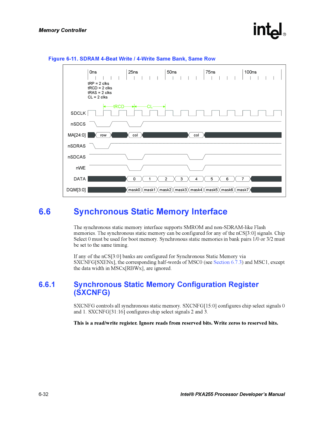 Intel PXA255 manual Synchronous Static Memory Interface, Synchronous Static Memory Configuration Register Sxcnfg 