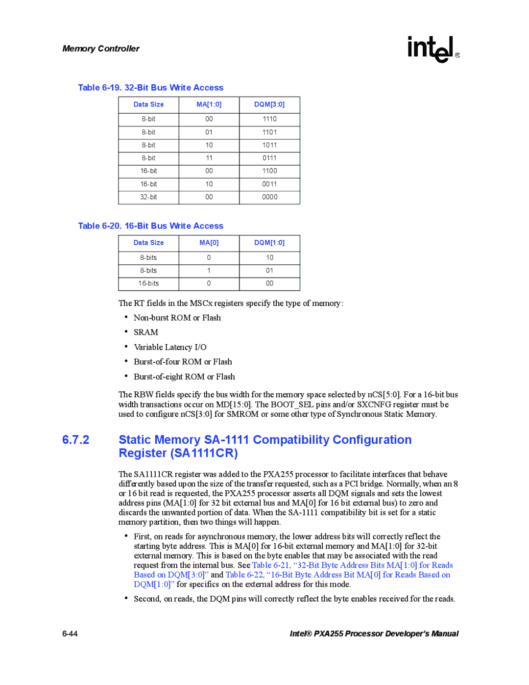 Intel PXA255 manual Bit Bus Write Access, Data Size MA10 DQM30, Data Size MA0 DQM10 