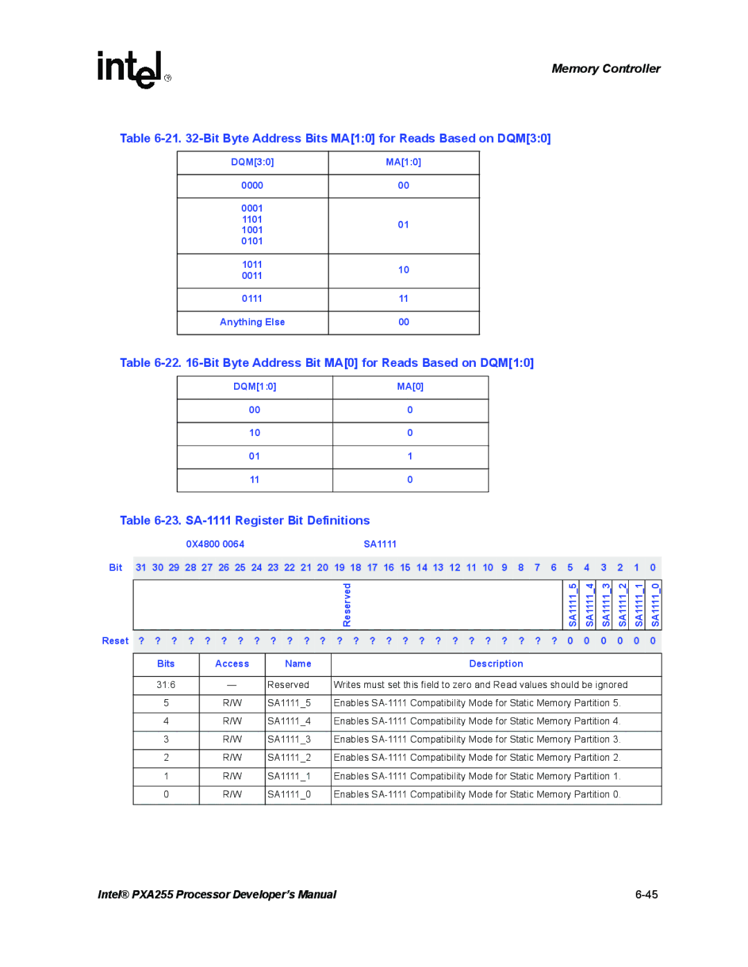 Intel PXA255 manual Bit Byte Address Bits MA10 for Reads Based on DQM30, Bit Byte Address Bit MA0 for Reads Based on DQM10 