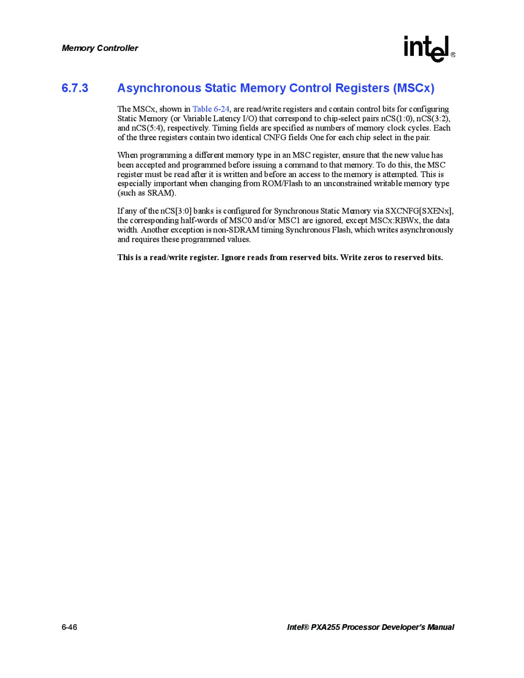 Intel PXA255 manual Asynchronous Static Memory Control Registers MSCx 