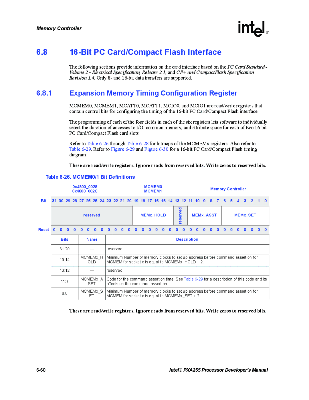 Intel PXA255 Bit PC Card/Compact Flash Interface, Expansion Memory Timing Configuration Register, MCMEM0/1 Bit Definitions 