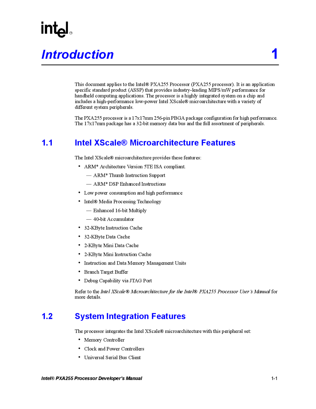 Intel PXA255 manual Intel XScale Microarchitecture Features, System Integration Features 