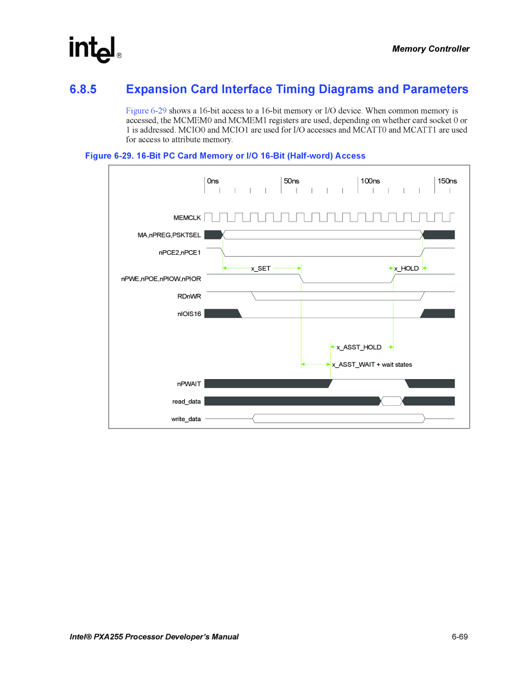 Intel PXA255 Expansion Card Interface Timing Diagrams and Parameters, Bit PC Card Memory or I/O 16-Bit Half-word Access 