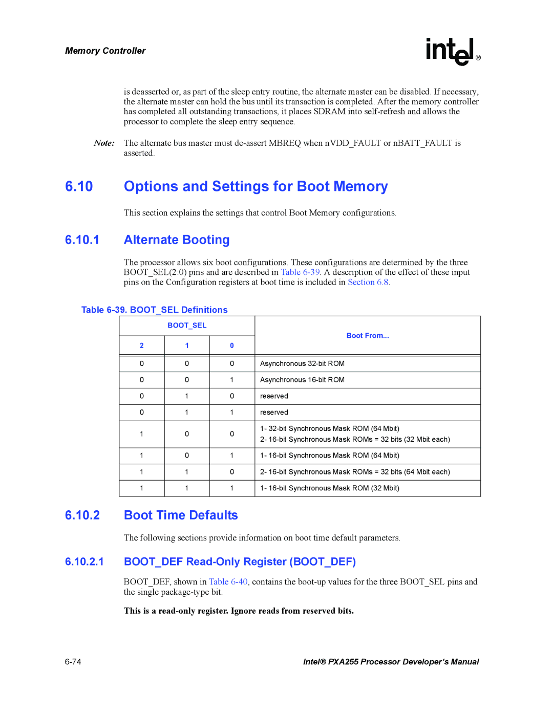 Intel PXA255 manual Options and Settings for Boot Memory, Alternate Booting, Boot Time Defaults, Bootsel Definitions 