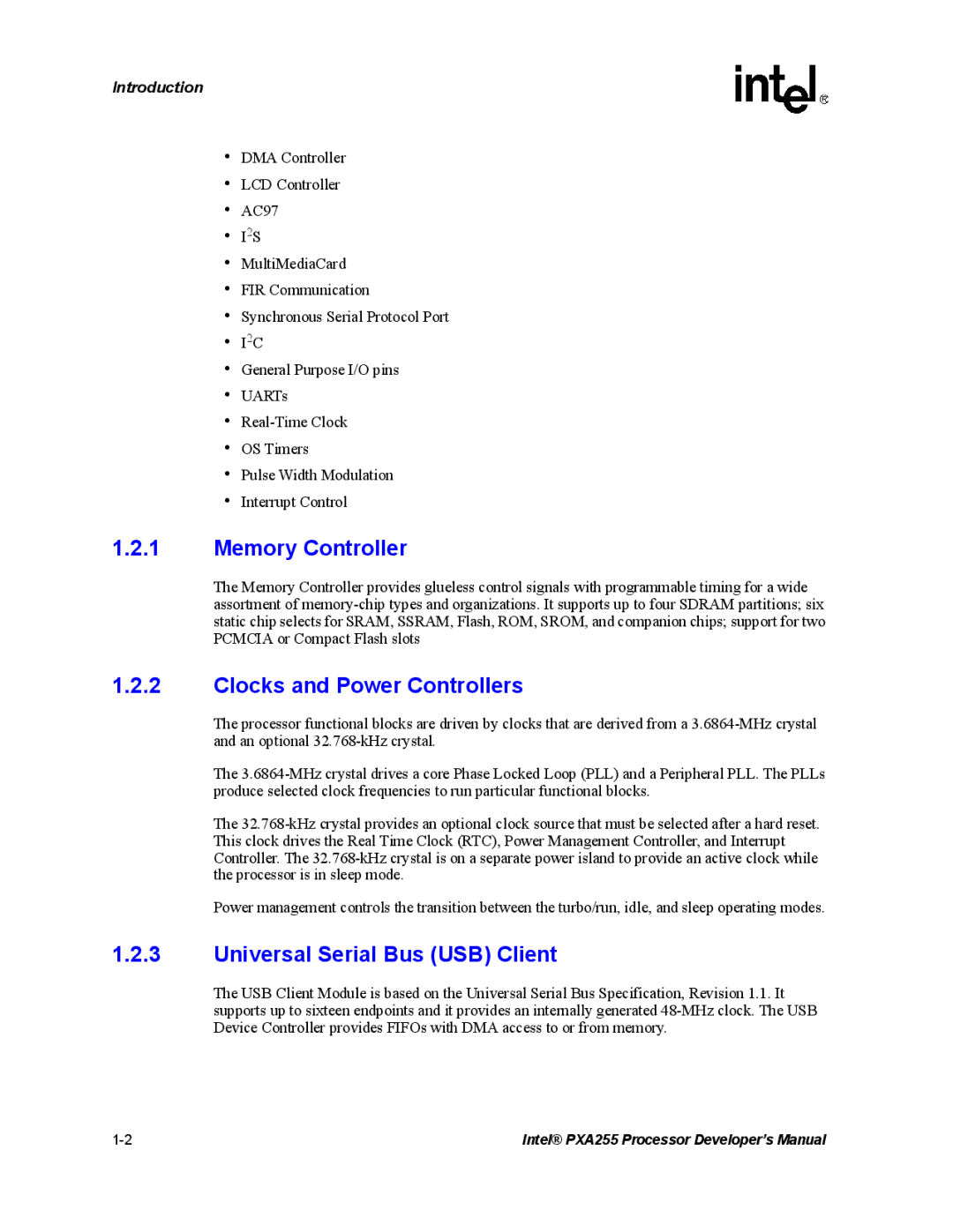 Intel PXA255 manual Memory Controller, Clocks and Power Controllers, Universal Serial Bus USB Client 