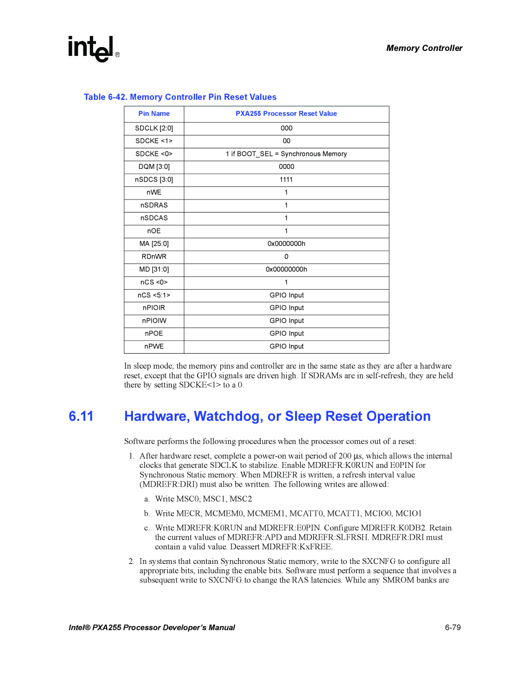 Intel PXA255 manual Hardware, Watchdog, or Sleep Reset Operation, Memory Controller Pin Reset Values 