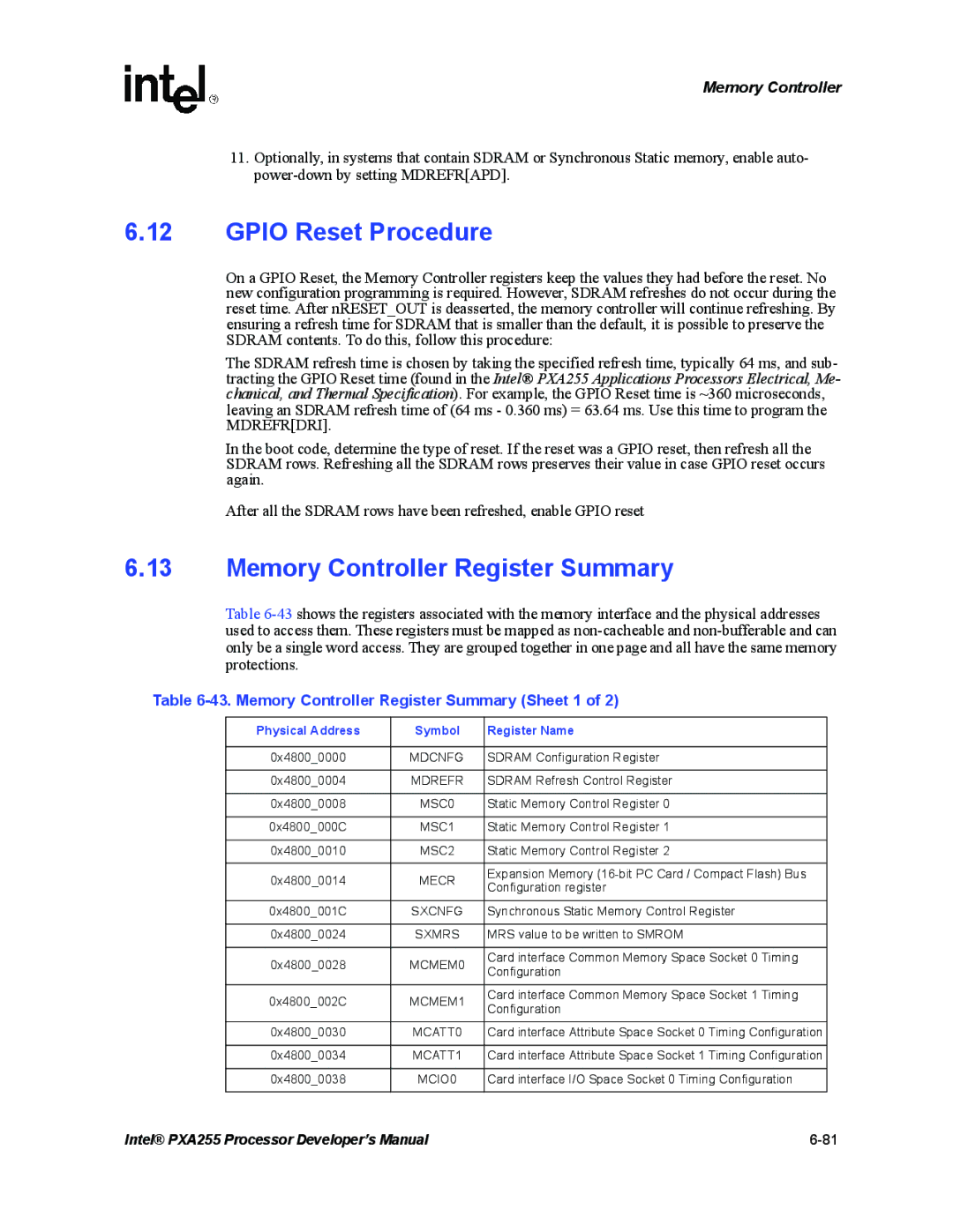 Intel PXA255 Gpio Reset Procedure, Memory Controller Register Summary Sheet 1, Physical Address Symbol Register Name 