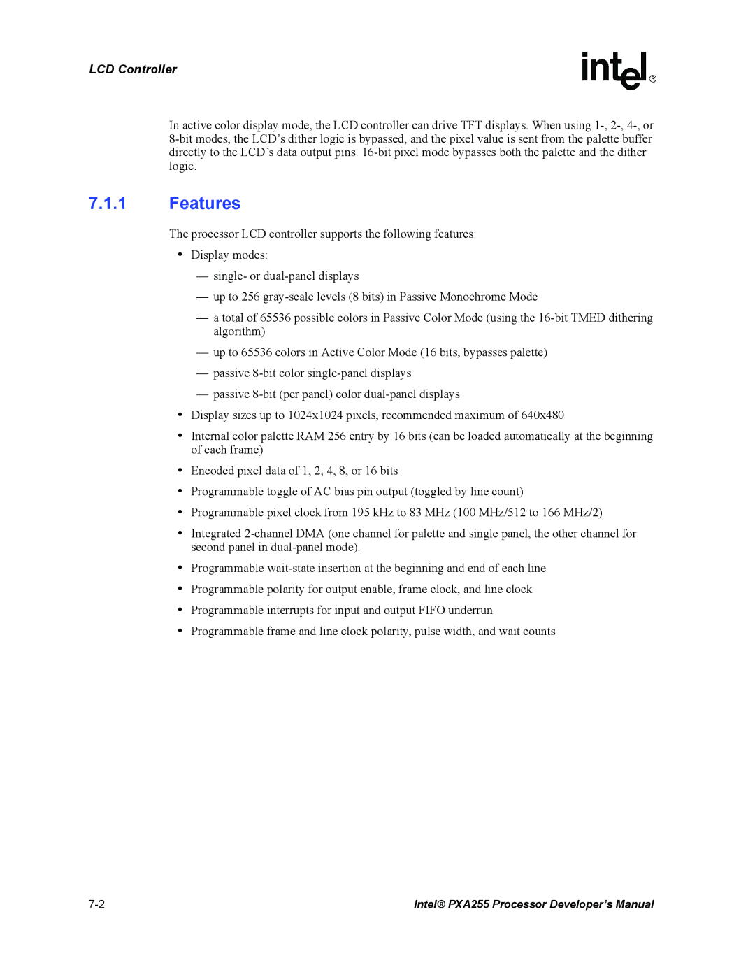 Intel PXA255 manual Features, LCD Controller 