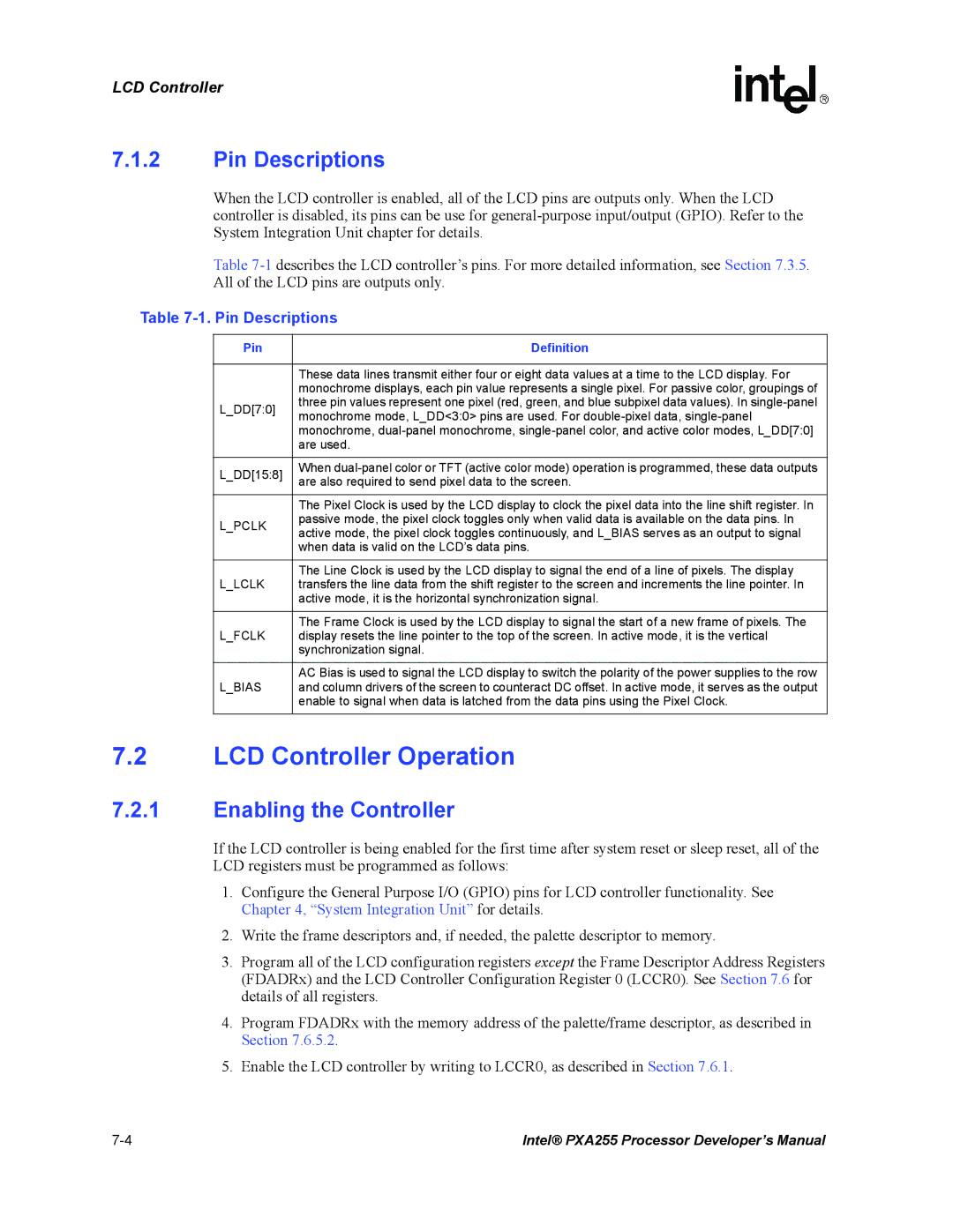 Intel PXA255 manual LCD Controller Operation, Pin Descriptions, Enabling the Controller, Pin Definition 