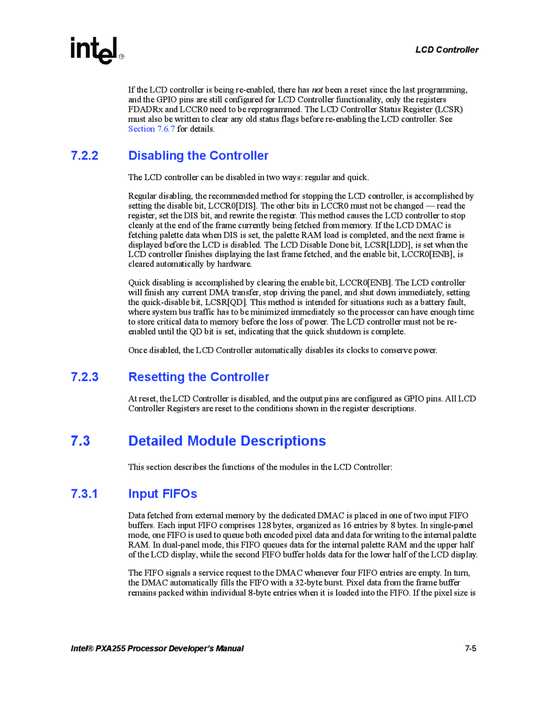 Intel PXA255 manual Detailed Module Descriptions, Disabling the Controller, Resetting the Controller, Input FIFOs 