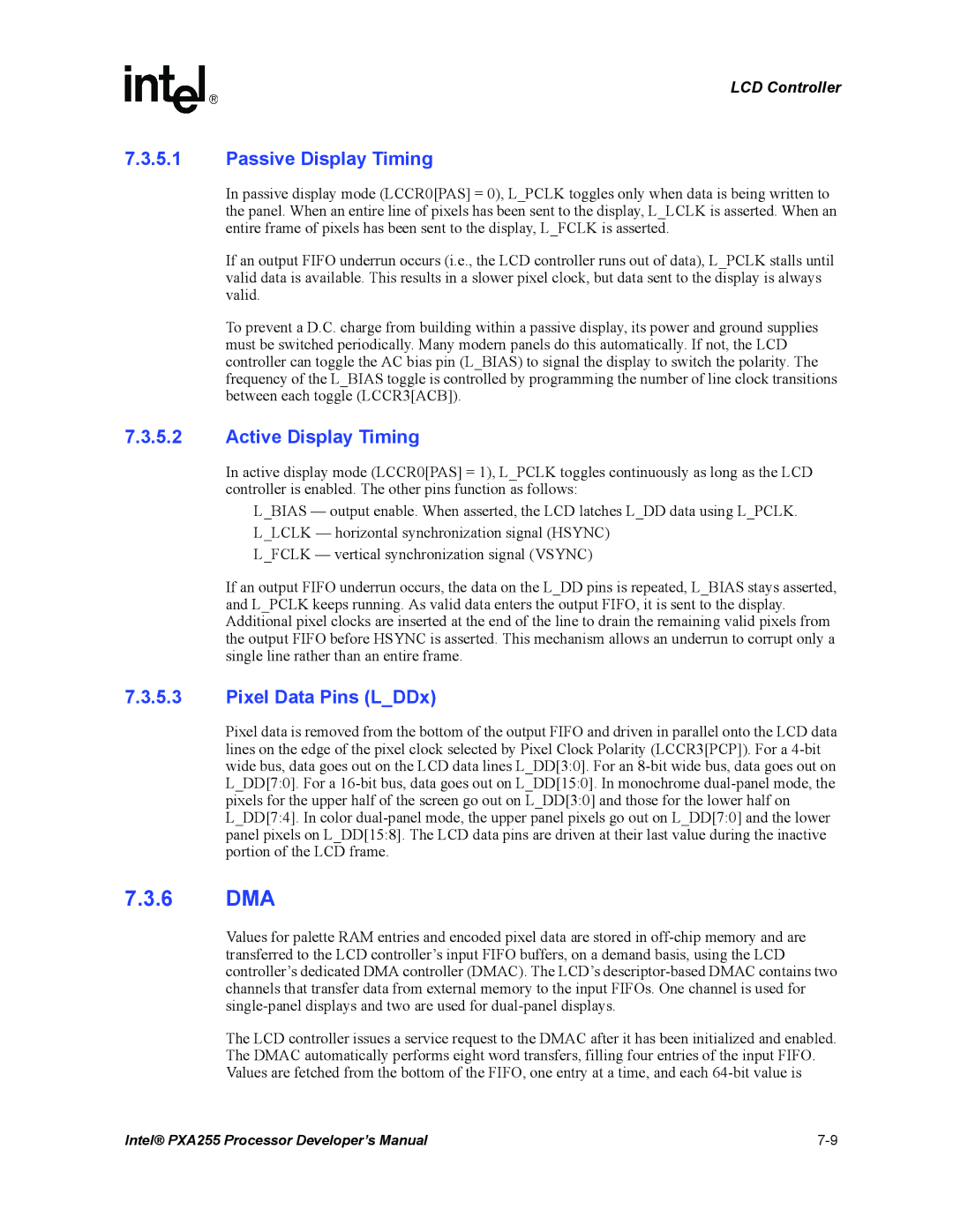 Intel PXA255 manual 6 DMA, Passive Display Timing, Active Display Timing, Pixel Data Pins LDDx 