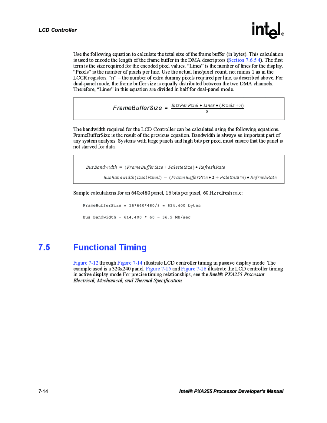 Intel PXA255 manual Functional Timing, FrameBufferSize = 