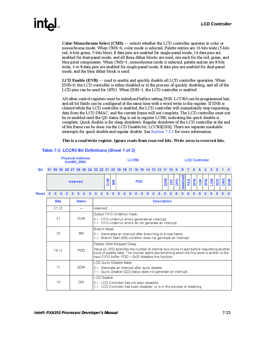 Intel PXA255 manual LCCR0 Bit Definitions Sheet 1, 0x44000000 Bit Reserved, Reset X X X X X X X X X X X, Pdd 