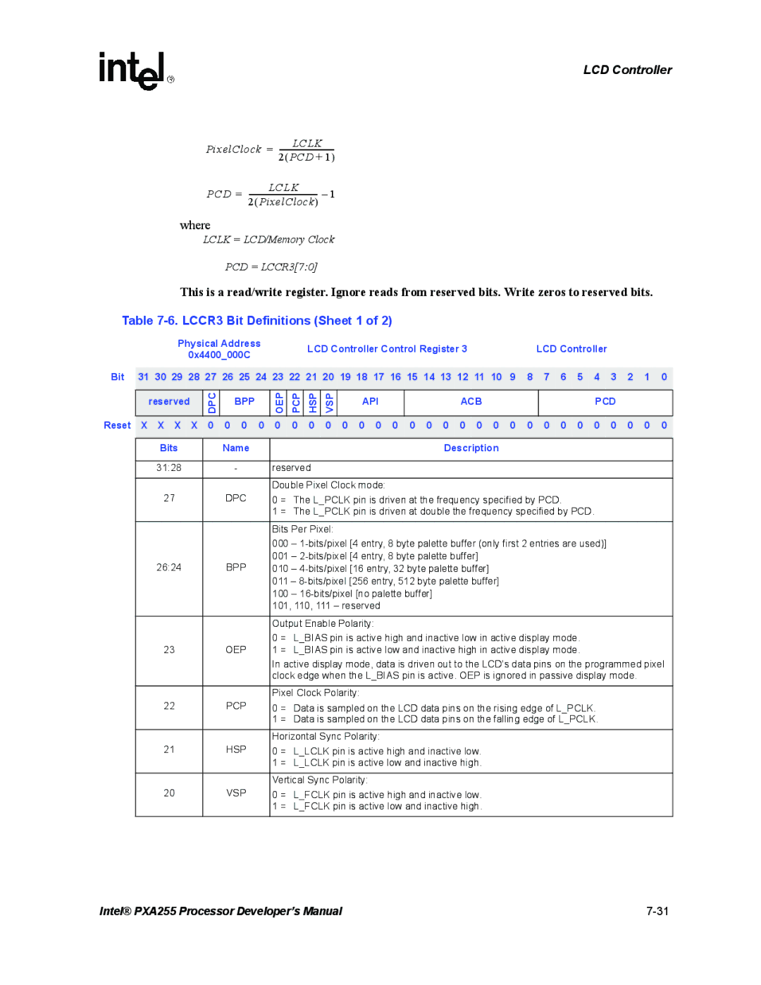 Intel PXA255 manual LCCR3 Bit Definitions Sheet 1, 0x4400000C Bit Reserved, Dpc Bpp, Reset X X X X 0 0 0 