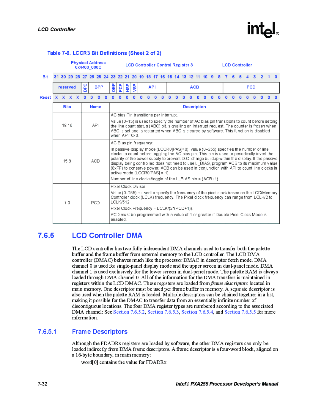 Intel PXA255 manual LCD Controller DMA, Frame Descriptors, LCCR3 Bit Definitions Sheet 2, Reset X X X, 1916 