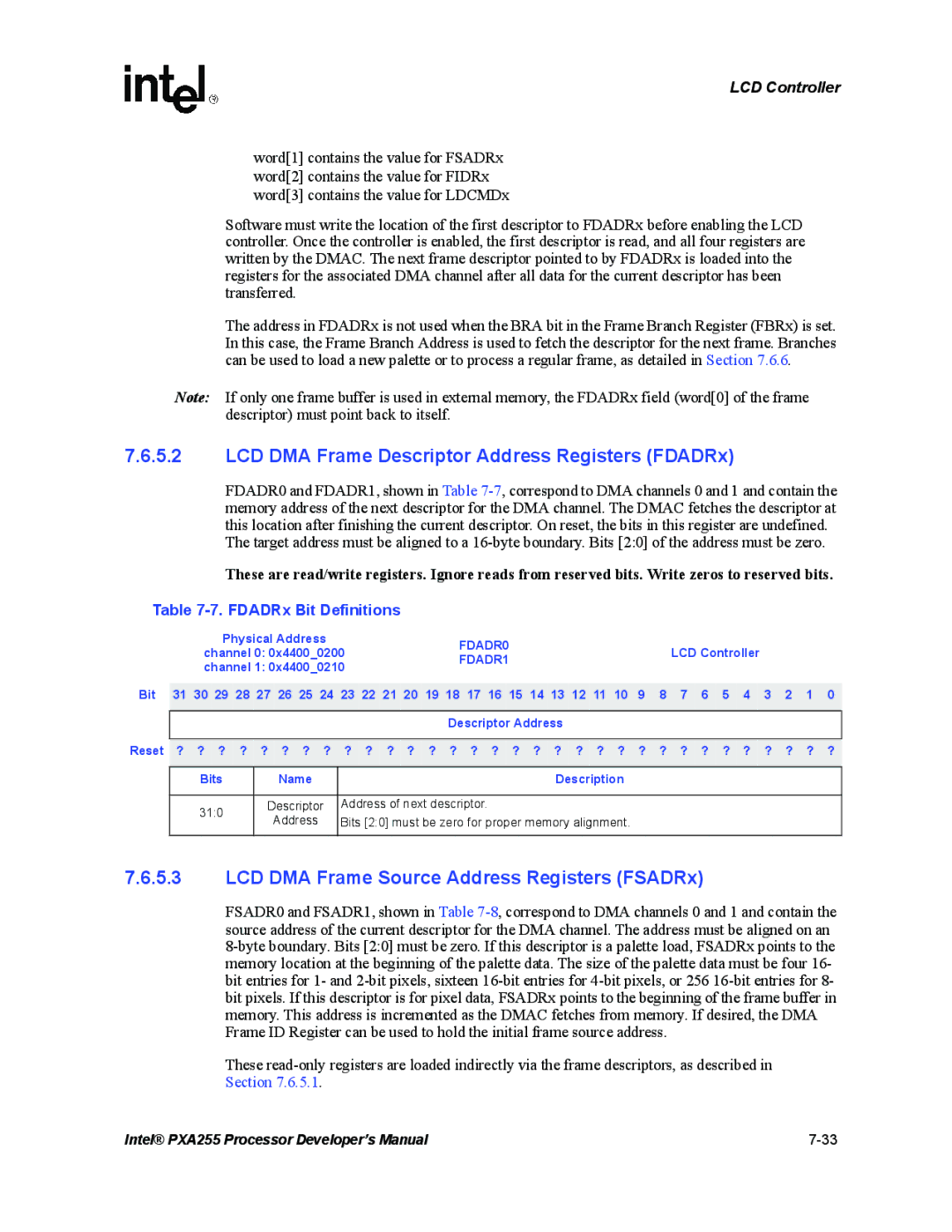 Intel PXA255 LCD DMA Frame Descriptor Address Registers FDADRx, LCD DMA Frame Source Address Registers FSADRx, FDADR0 