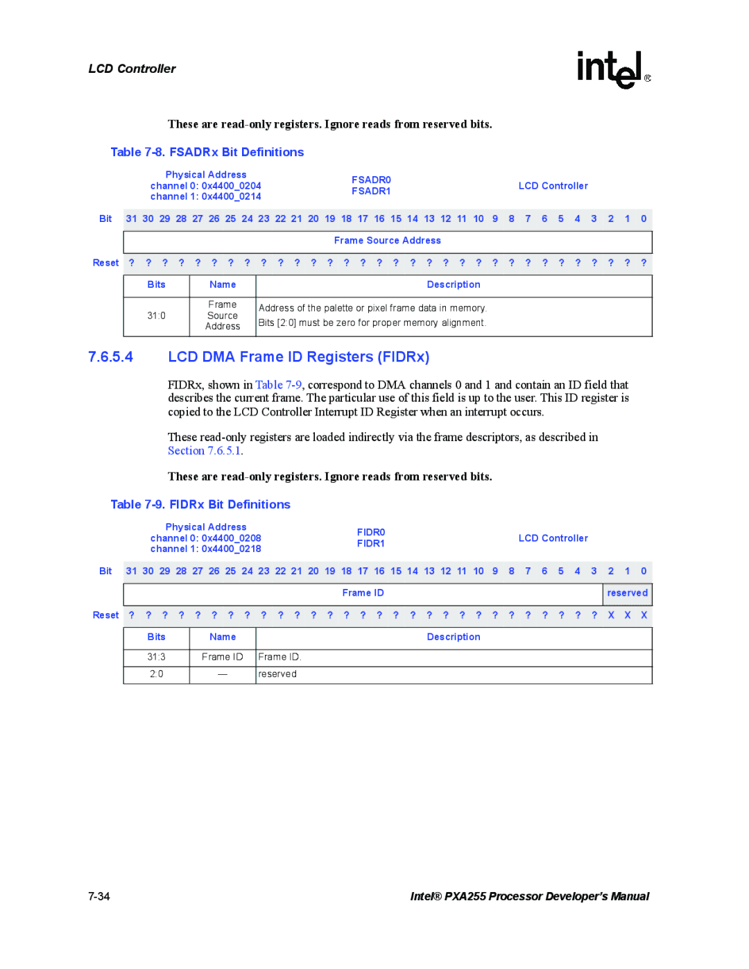 Intel PXA255 manual LCD DMA Frame ID Registers FIDRx, FSADRx Bit Definitions, FIDRx Bit Definitions 