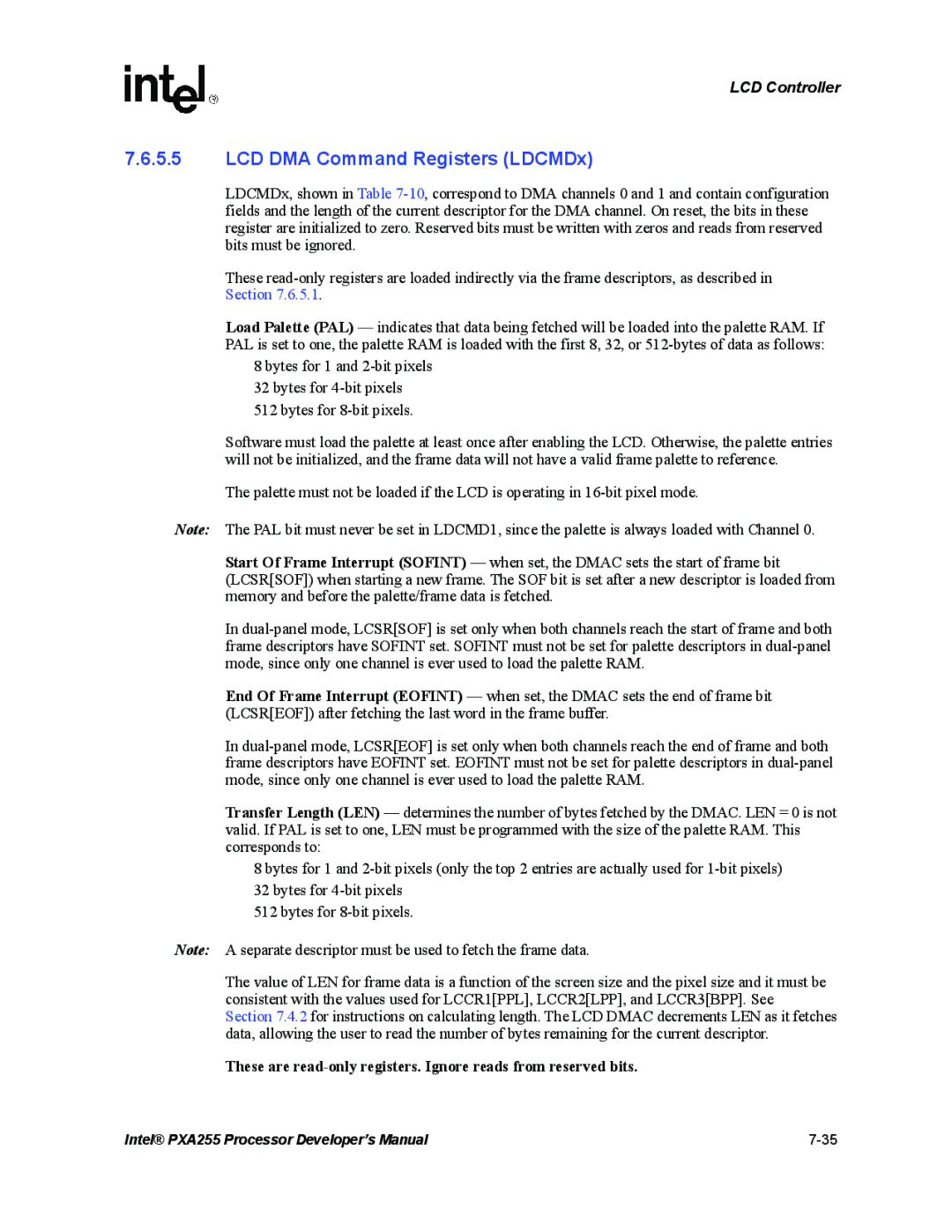 Intel PXA255 manual LCD DMA Command Registers LDCMDx 