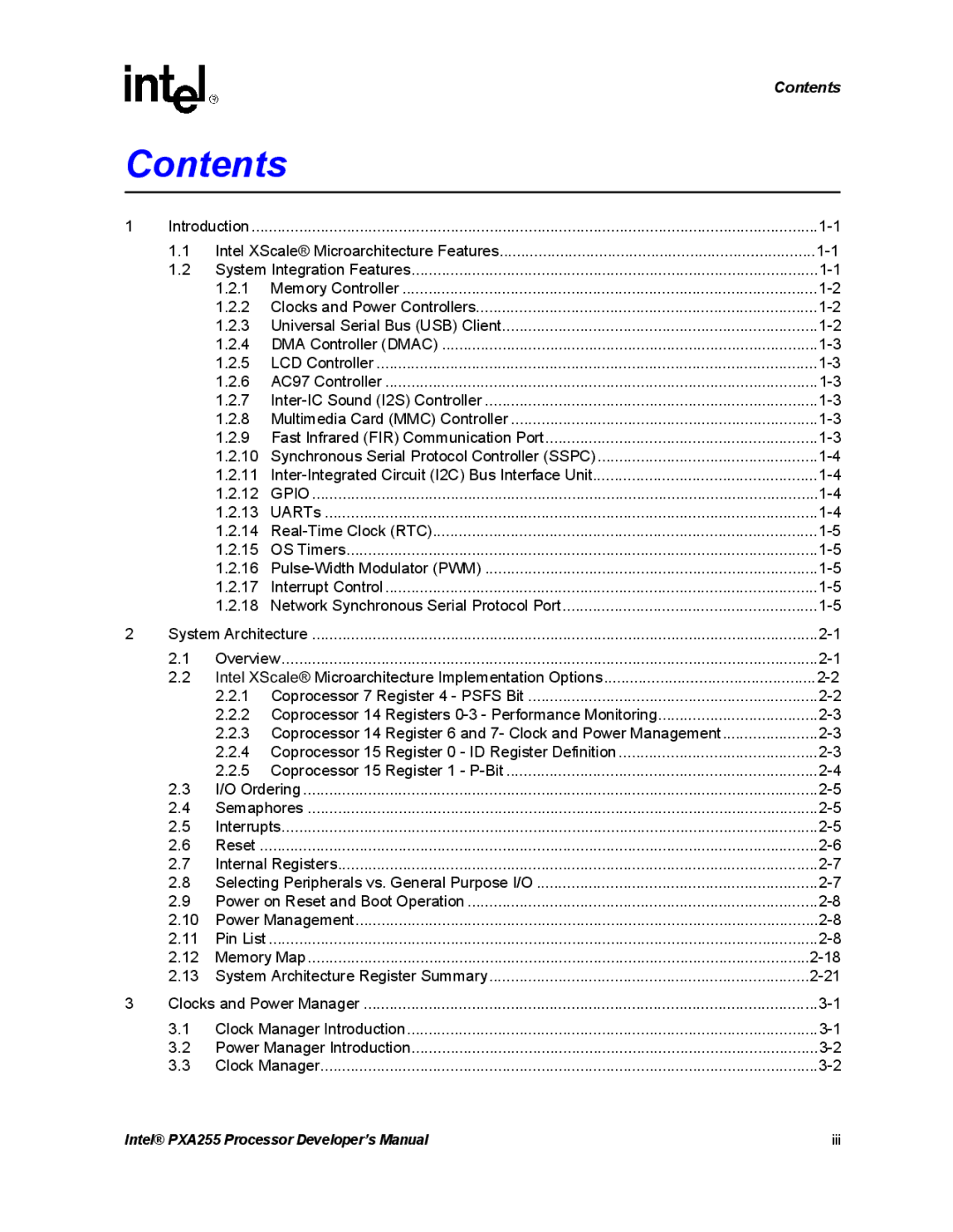 Intel PXA255 manual Contents 