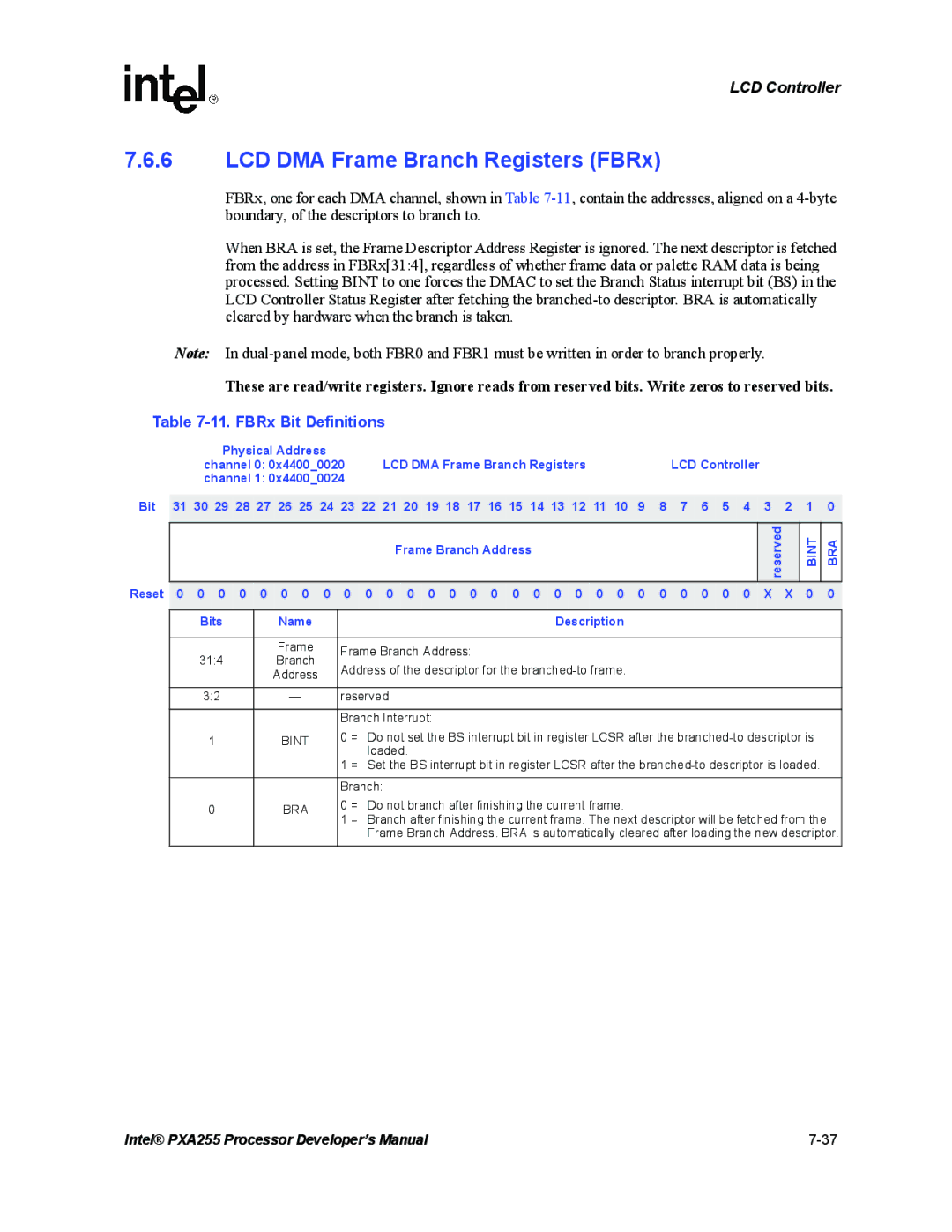 Intel PXA255 LCD DMA Frame Branch Registers FBRx, FBRx Bit Definitions, Bint BRA, 0 0 0 0 X X 0 Bits Name Description 