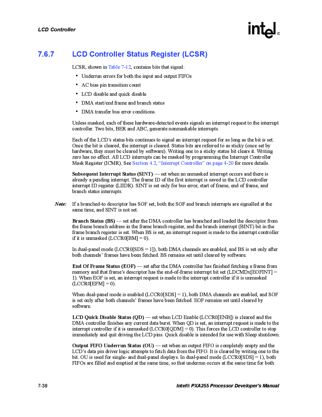 Intel PXA255 manual LCD Controller Status Register Lcsr 