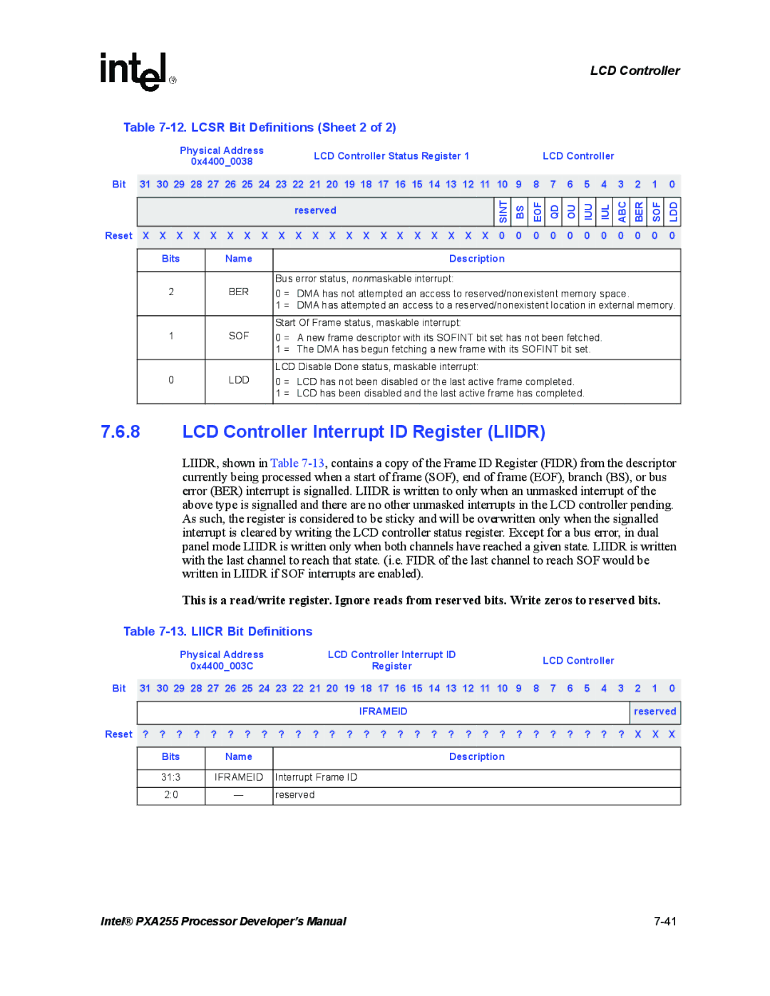 Intel PXA255 LCD Controller Interrupt ID Register Liidr, Lcsr Bit Definitions Sheet 2, Liicr Bit Definitions, Iframeid 