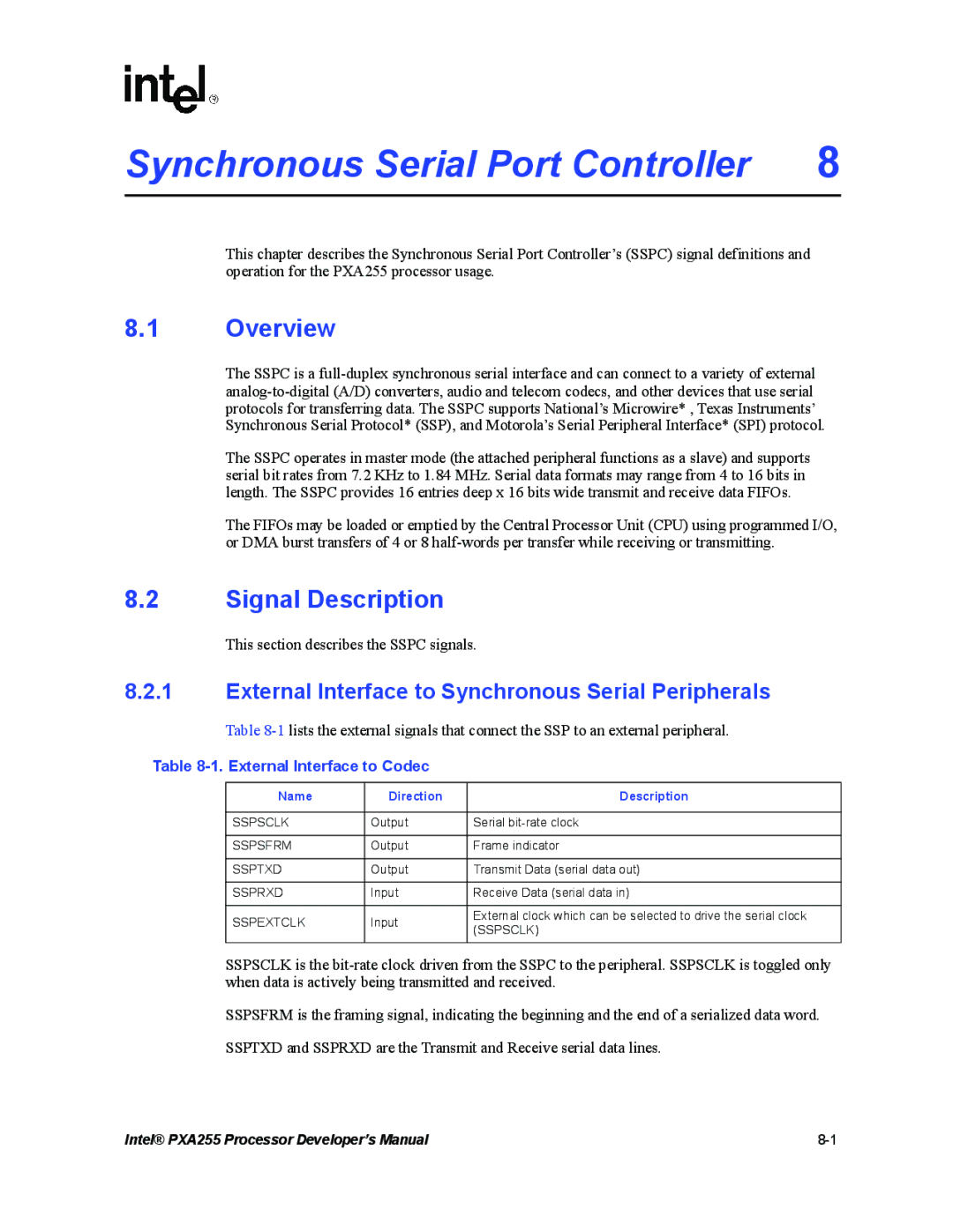 Intel PXA255 manual Signal Description, External Interface to Synchronous Serial Peripherals, External Interface to Codec 