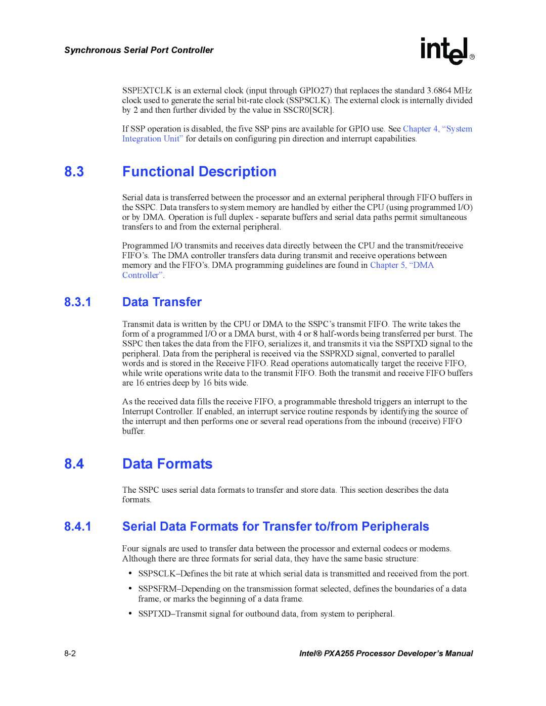 Intel PXA255 manual Data Transfer, Serial Data Formats for Transfer to/from Peripherals 