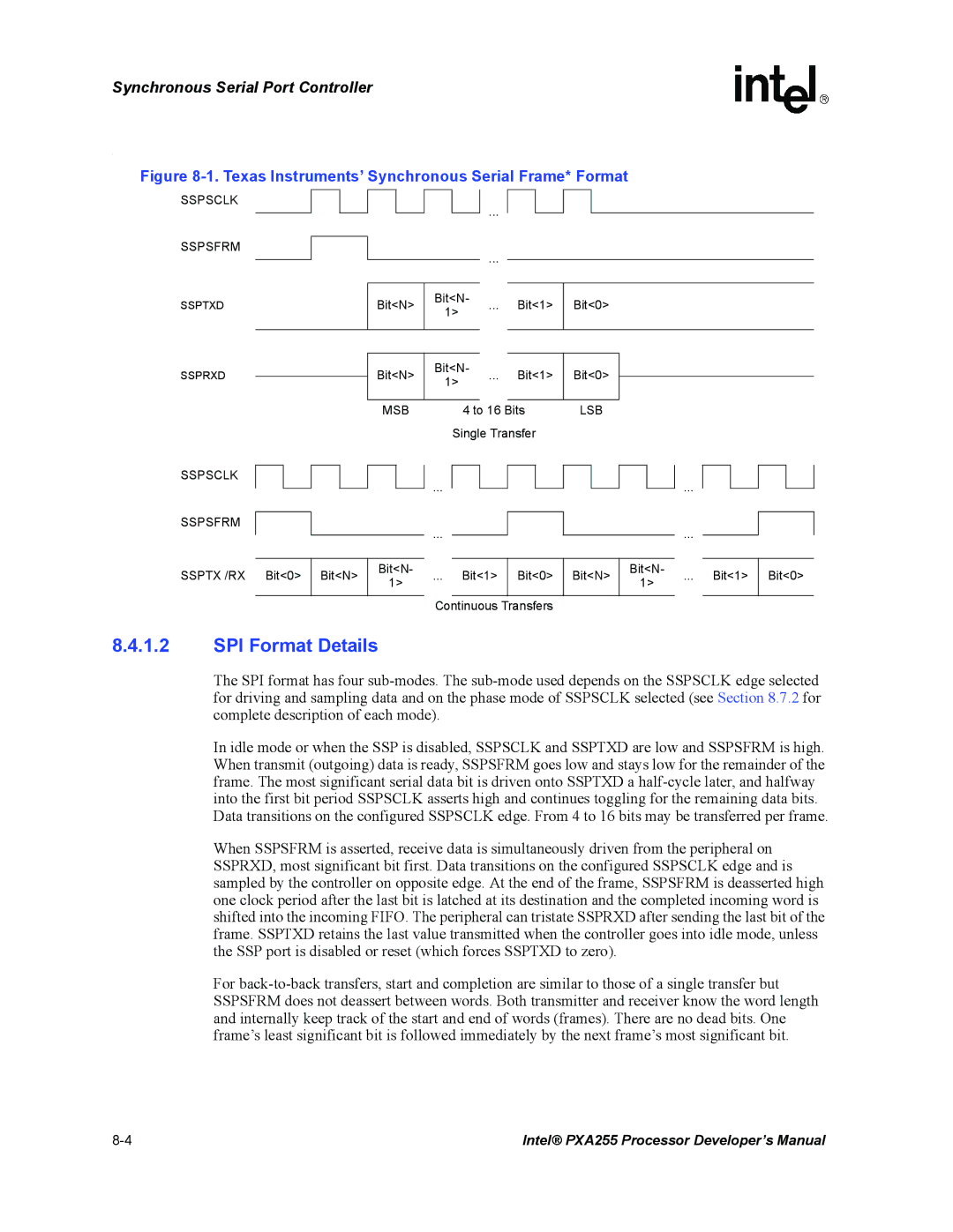 Intel PXA255 manual SPI Format Details, Sspsclk Sspsfrm MSB, Lsb 