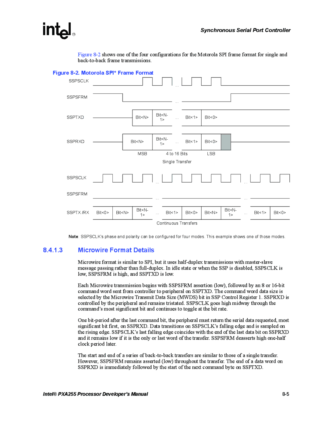 Intel PXA255 manual Microwire Format Details, Sspsclk Sspsfrm Ssptxd Ssprxd 