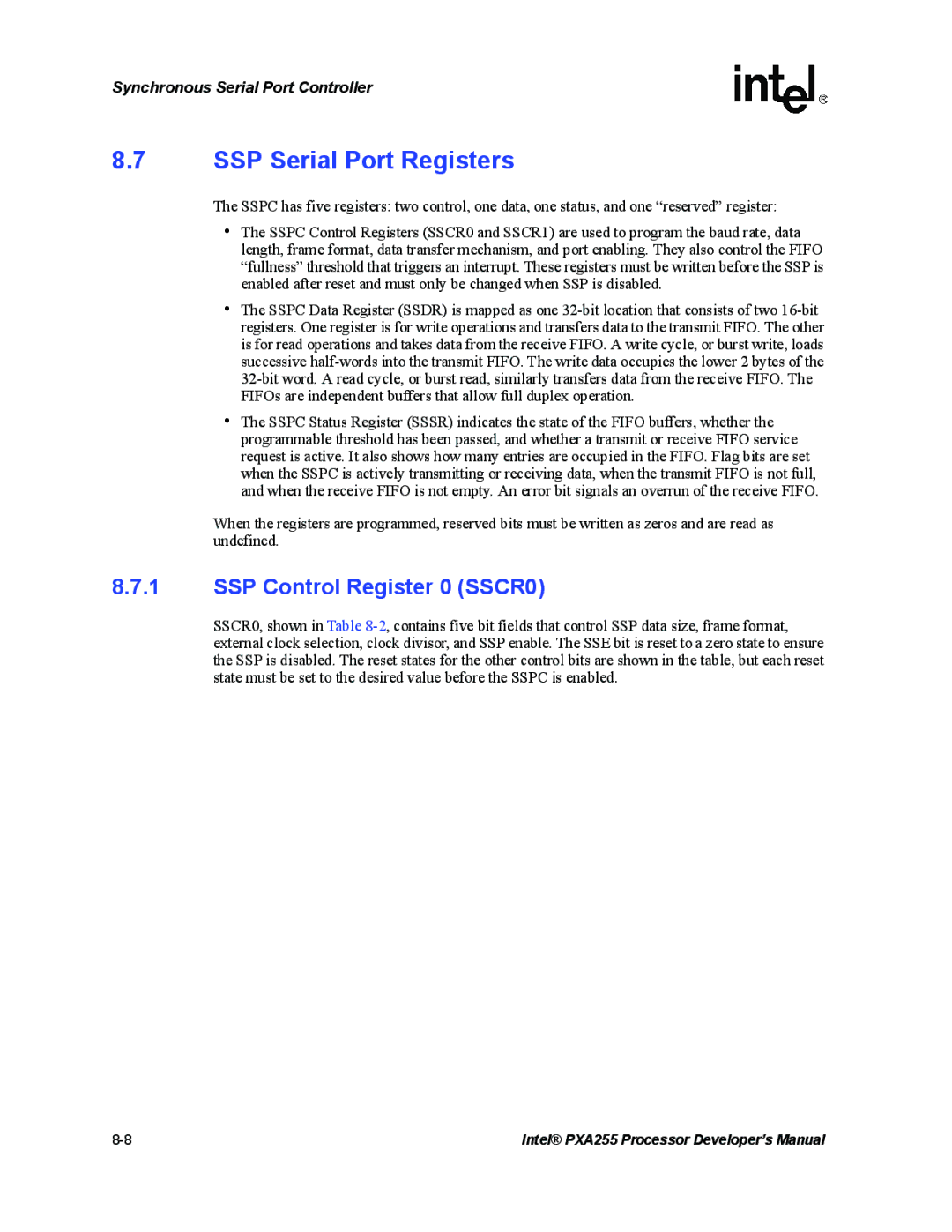 Intel PXA255 manual SSP Serial Port Registers, SSP Control Register 0 SSCR0 