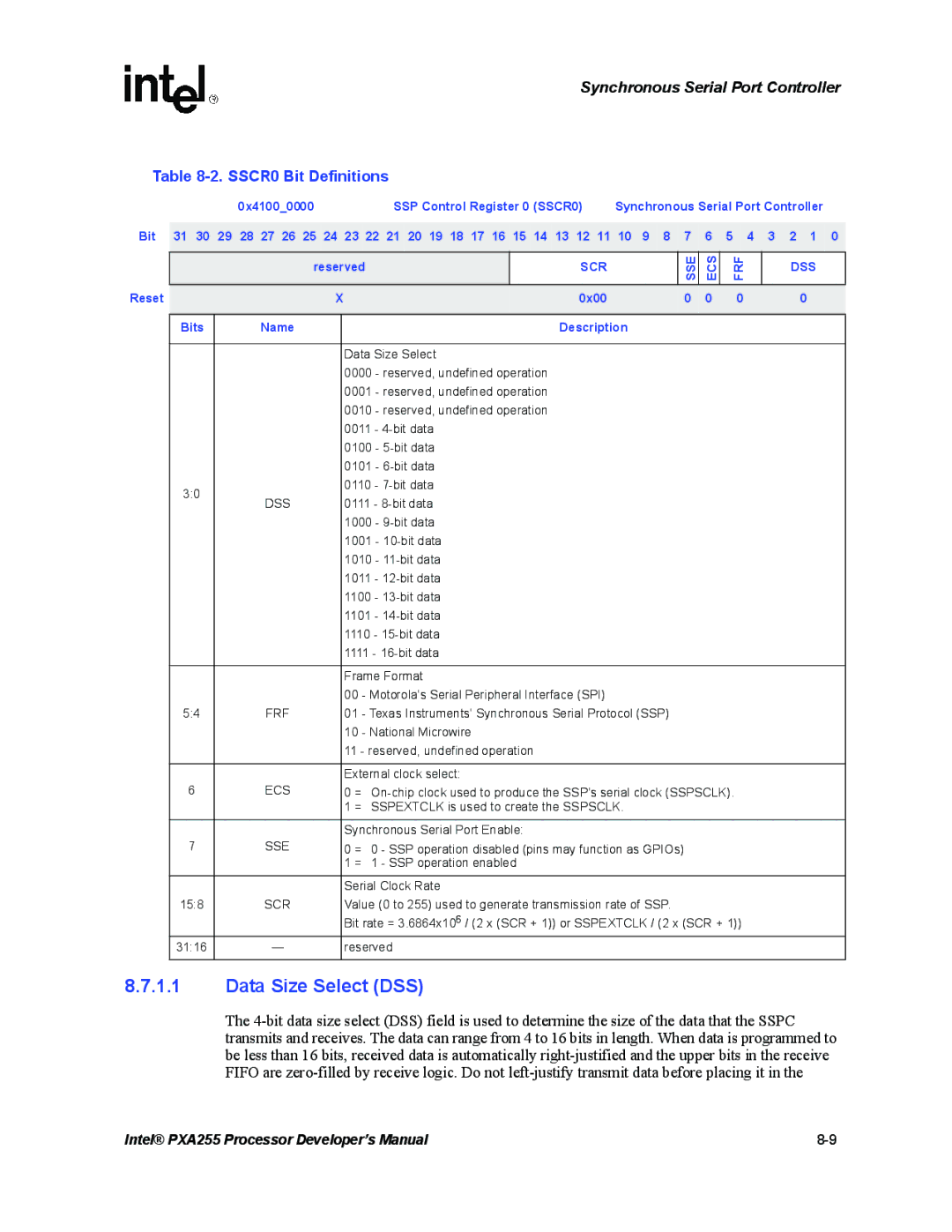 Intel PXA255 manual Data Size Select DSS, SSCR0 Bit Definitions, SSP Control Register 0 SSCR0, Scr, Dss 