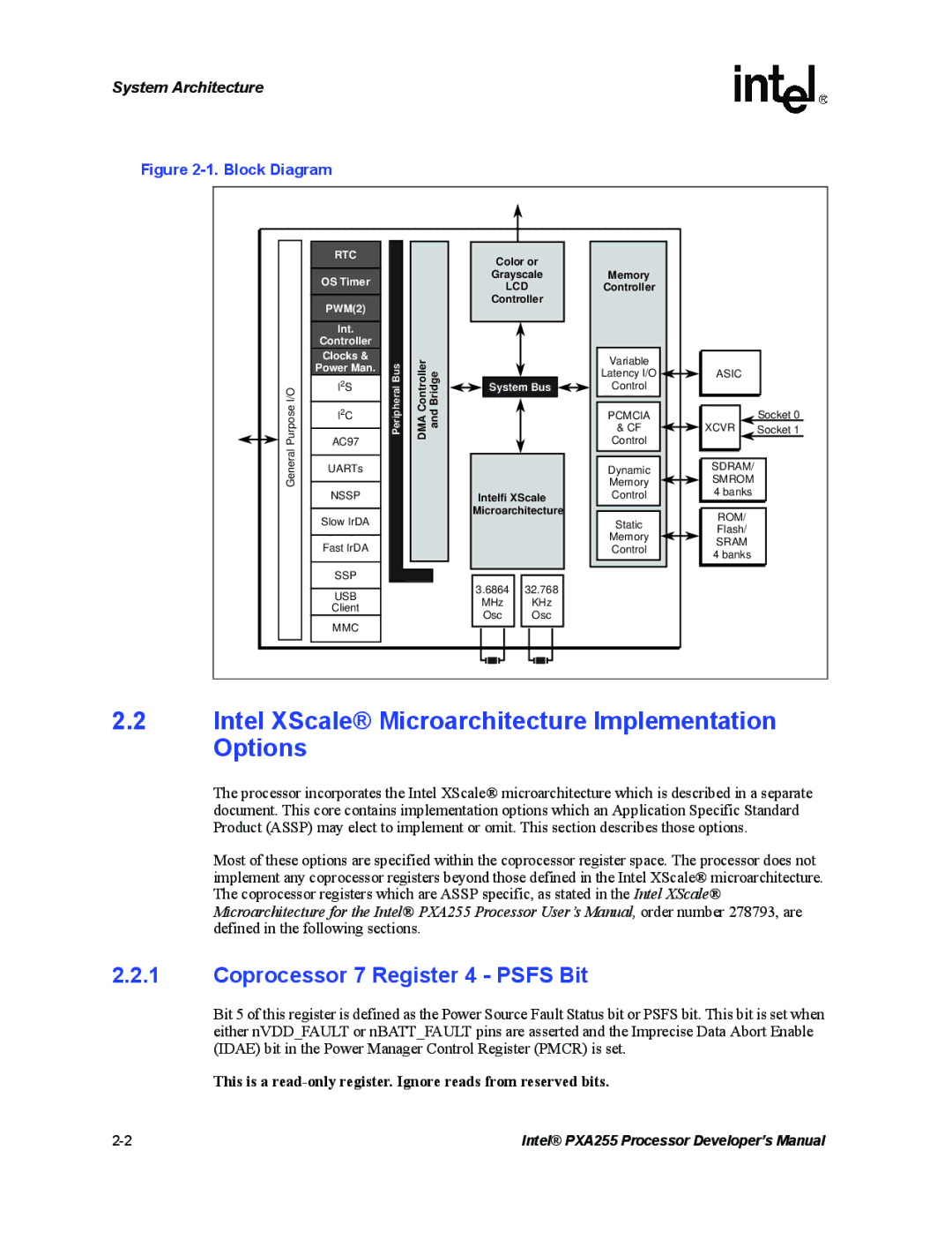 Intel PXA255 manual Intel XScale Microarchitecture Implementation Options, Coprocessor 7 Register 4 Psfs Bit 